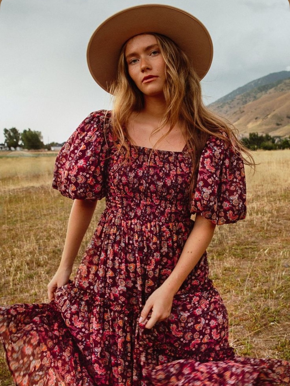 Ivy City Co Burgundy Floral Puff-Sleeve Maxi Dress